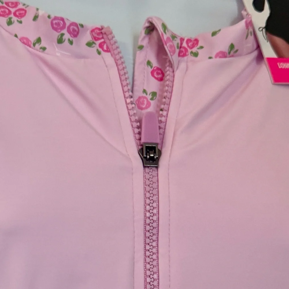 BETSEY JOHNSON RASH GUARD SWIM TOP. LONG SLEEVE UPF 50. SIZE L PINK FLORAL - Picture 4 of 13